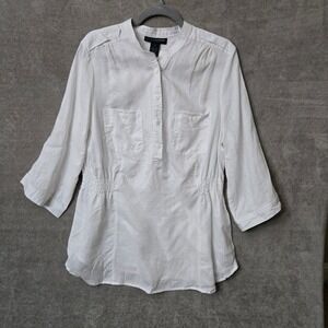 Grace Elements Tunic Top Women 1X White 100% Linen Smocked Lagenlook Roll Tab